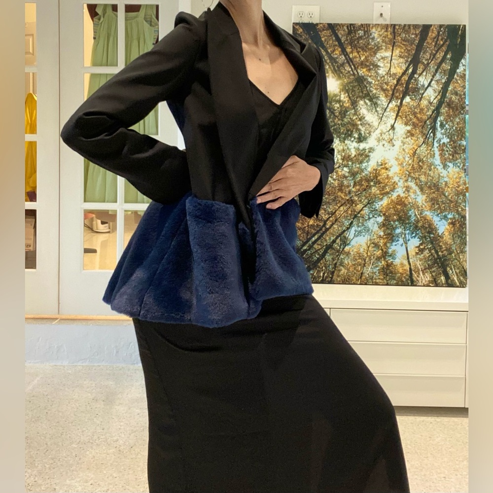 Black and Navy Blue Faux Fur Peplum Blazer